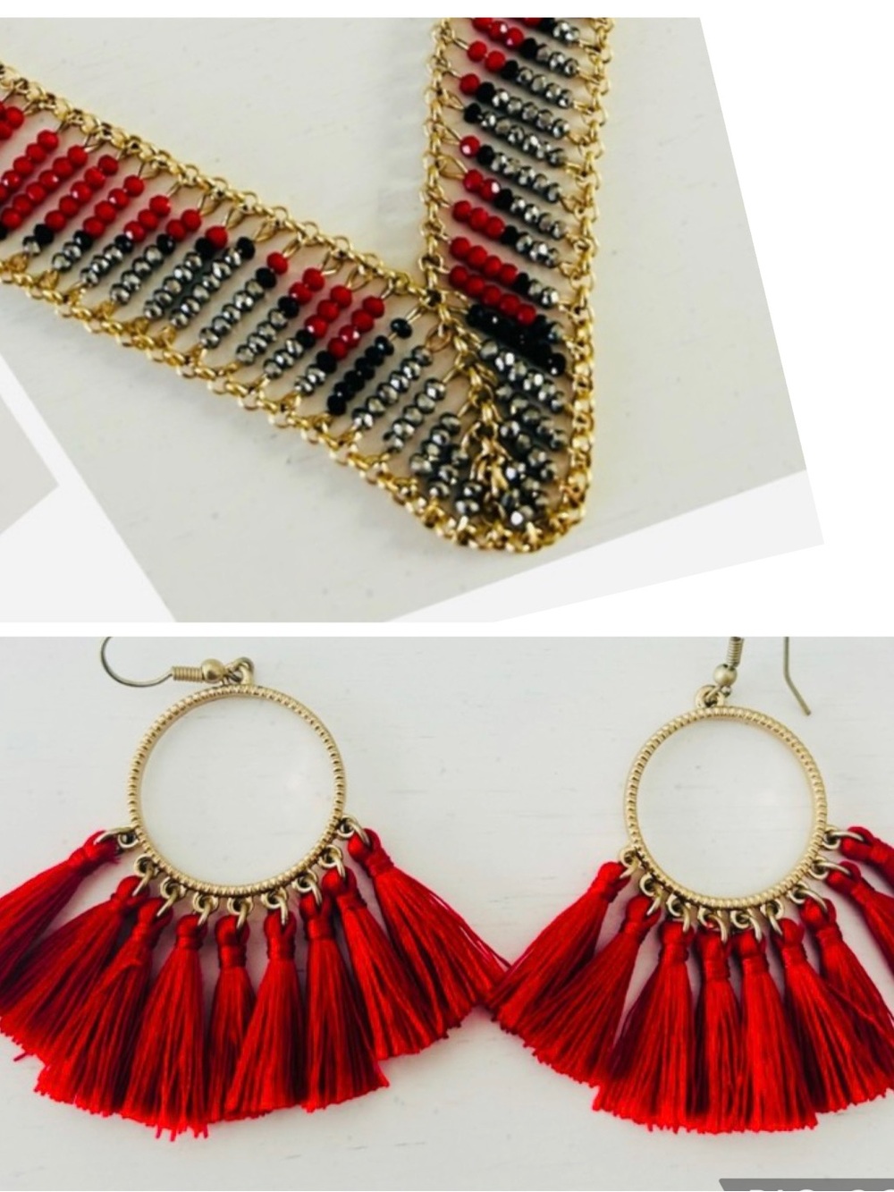Necklace Set With Red Fringe Earrings in Red, Black & Gold Beads